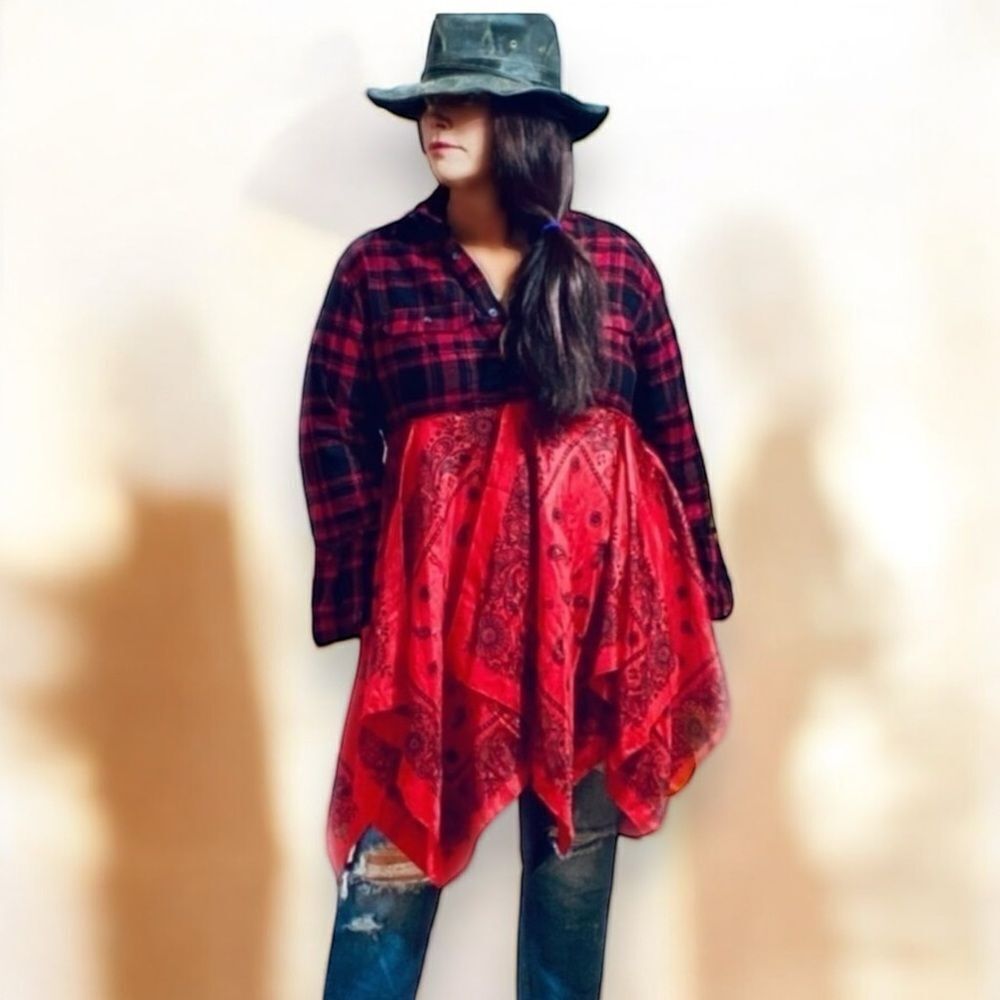 Boho Paisley Flannel Duster Red Black Bell Sleeve Tunic Duster Shacket